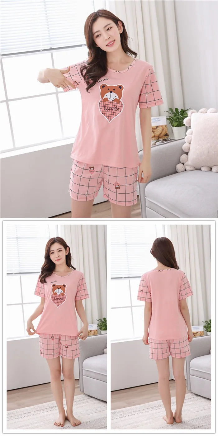 Women Thin Cute Sleepwear 2PCS Shirt Shorts Pajamas Set Nightwear Cartoon Intimate Lingerie Pyjamas Female Homewear Gift Tops