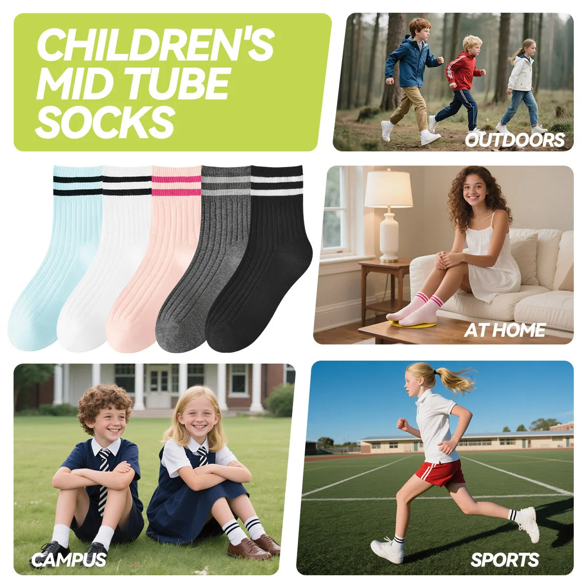 Kids Boys Girls Cotton Socks - Seamless Double Needle Ribbed 2-Stripe, Teens Students All Season School Home Sports Socks