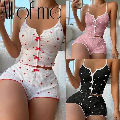 1 Set Sleepwear Women Pajamas Set Heart Print Soft Ribbed Fabric with Flirty Frill Trim Casual Cami Top and Short Set Loungewear
