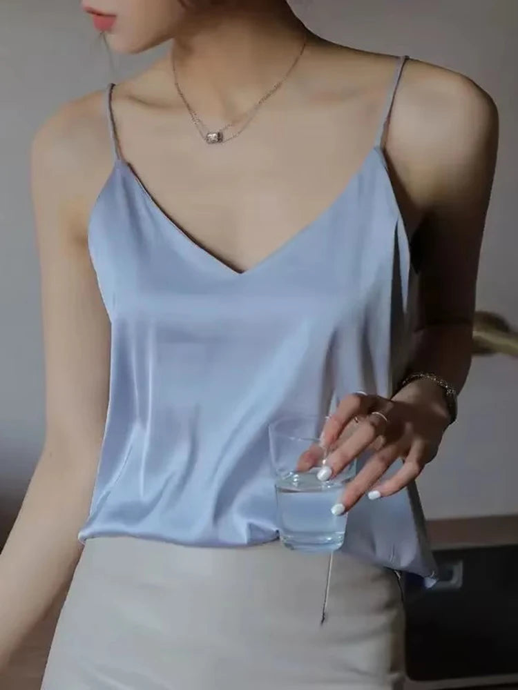 Women Halter V Neck Basic White Cami Spaghetti Strap Top Sleeveless Satin Silk 2026 Tank Tops Women'S Summer Camisole