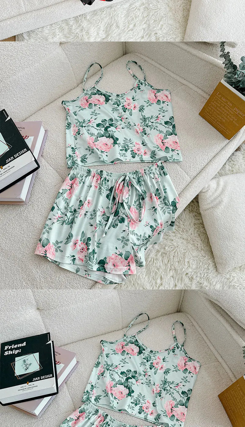 2Pcs Satin Pajama Set for Women Sleepwear Sexy Strap Vest Top Shorts Nightwear Pijamas Sexy Lingerie Sleep Shorts Set Sleepwear