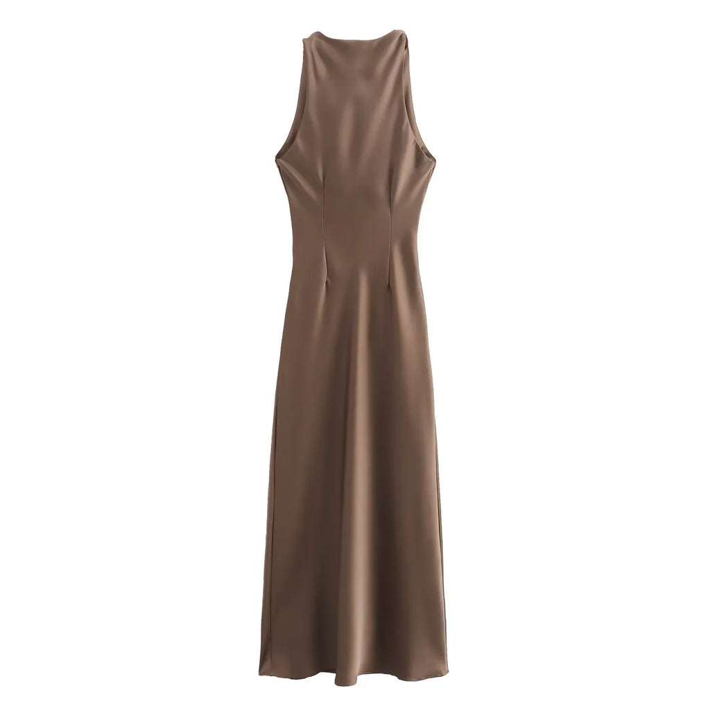 XNWMNZ 2024 Women's Fashion Satin Midi Dress Women High Street O Neck twisted armholes Waist Gathered Fit female Midi Dresses