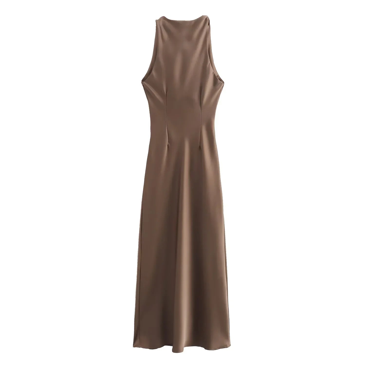 XNWMNZ 2024 Women's Fashion Satin Midi Dress Women High Street O Neck twisted armholes Waist Gathered Fit female Midi Dresses