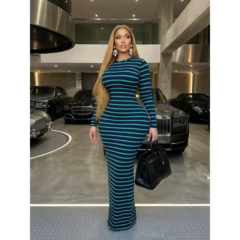 CM.YAYA Women Long Sleeve Striped Print O-neck Long Maxi Dress 2026 Summer Vacation Casual Evening Sexy Party Dresses Vestidos