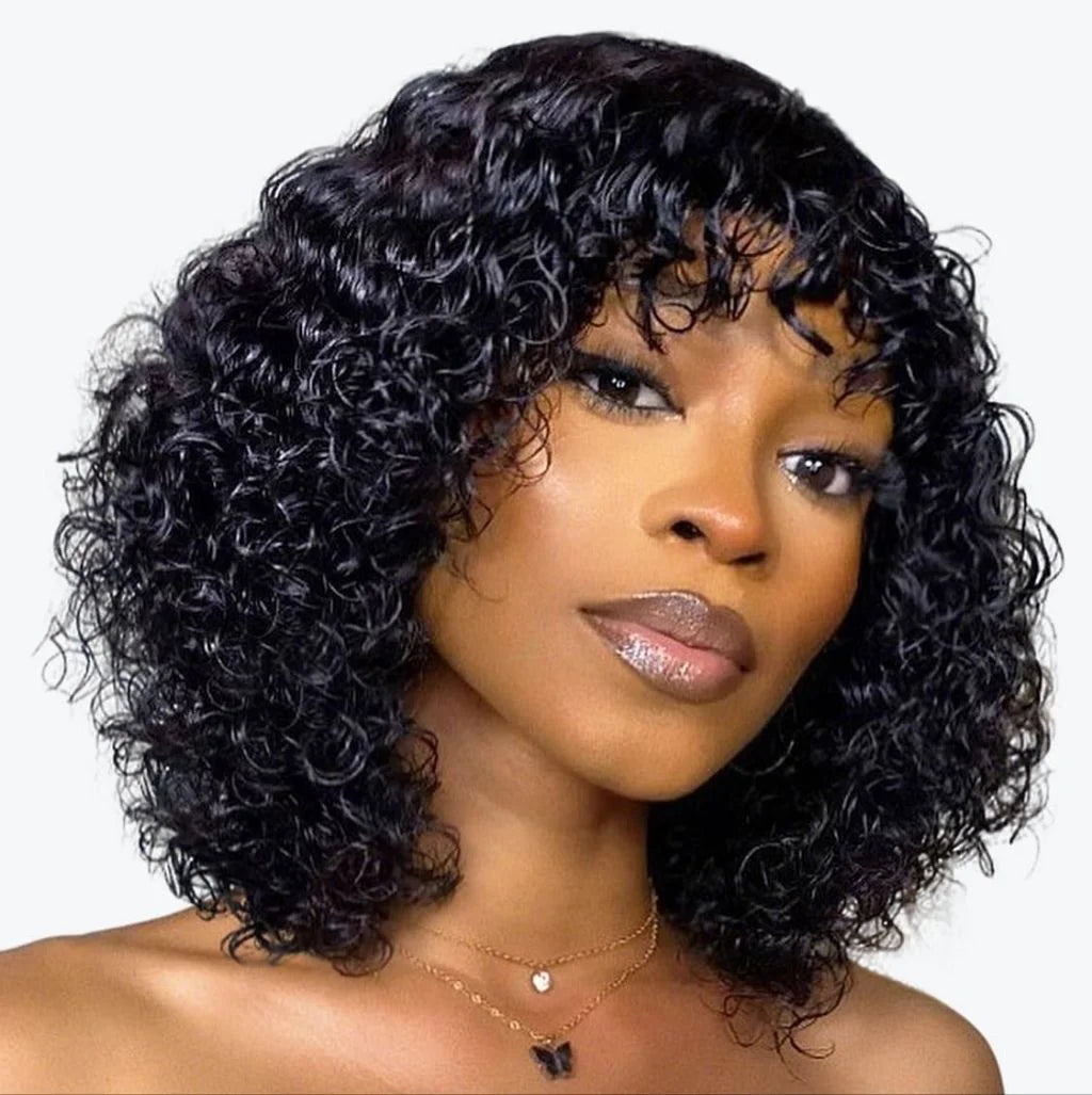 Short Curly Bob Wig With Bangs 100% Human Hair Wigs For Women Brazilian Remy 4C Hair Jerry Curl Glueless Daily Use Natural Color