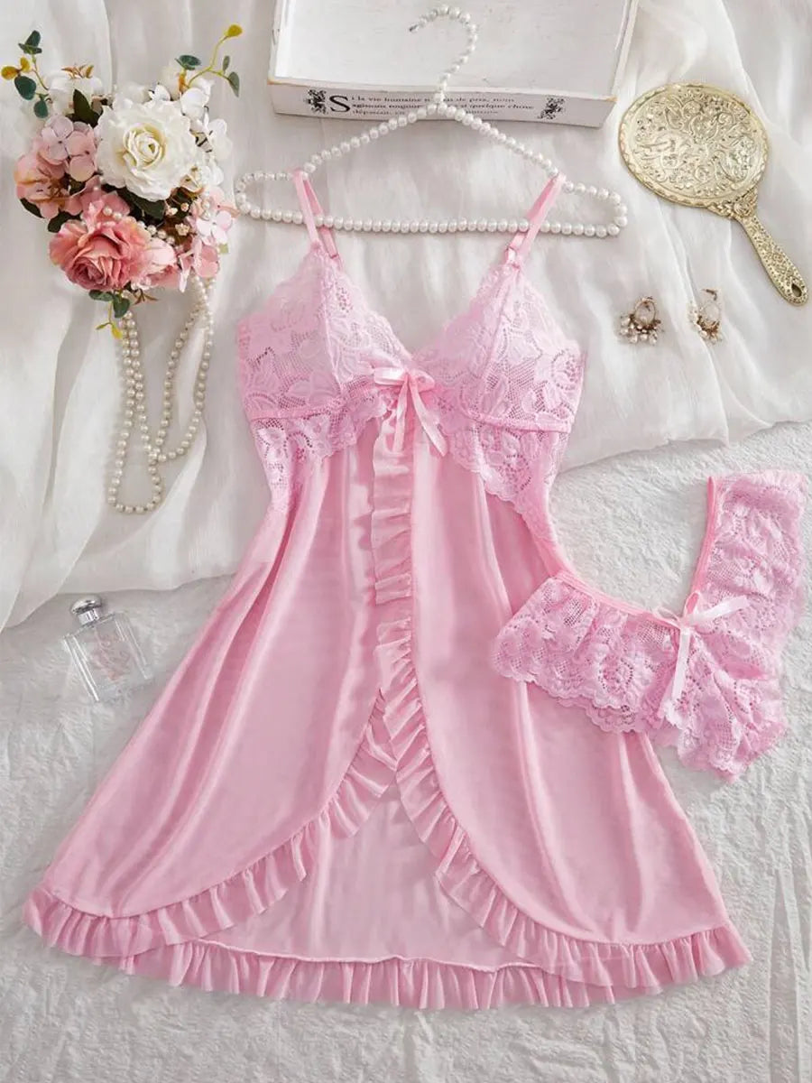A Set Pink Cute Women Sweet Nightdress And Panty Pijamas Suit Sleeveless Halter Nightgown Short Sets V-Neck Bra Thong Luxury Kit