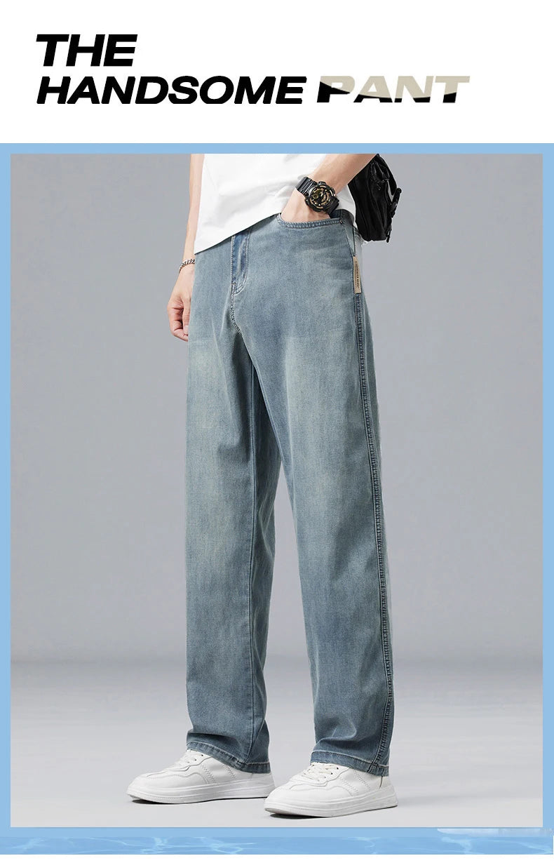 Summer Ultra-thin Lyocell Men's Jeans Drape Soft Fabric Loose Straight Casual Denim Pants Elastic Ice Silk Male Trousers