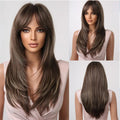 ALAN EATON Long Brown Highlight Synthetic Wigs Layered Straight Hair Wig Realistic Fake Hair for Daily Wear High Temperature Wig