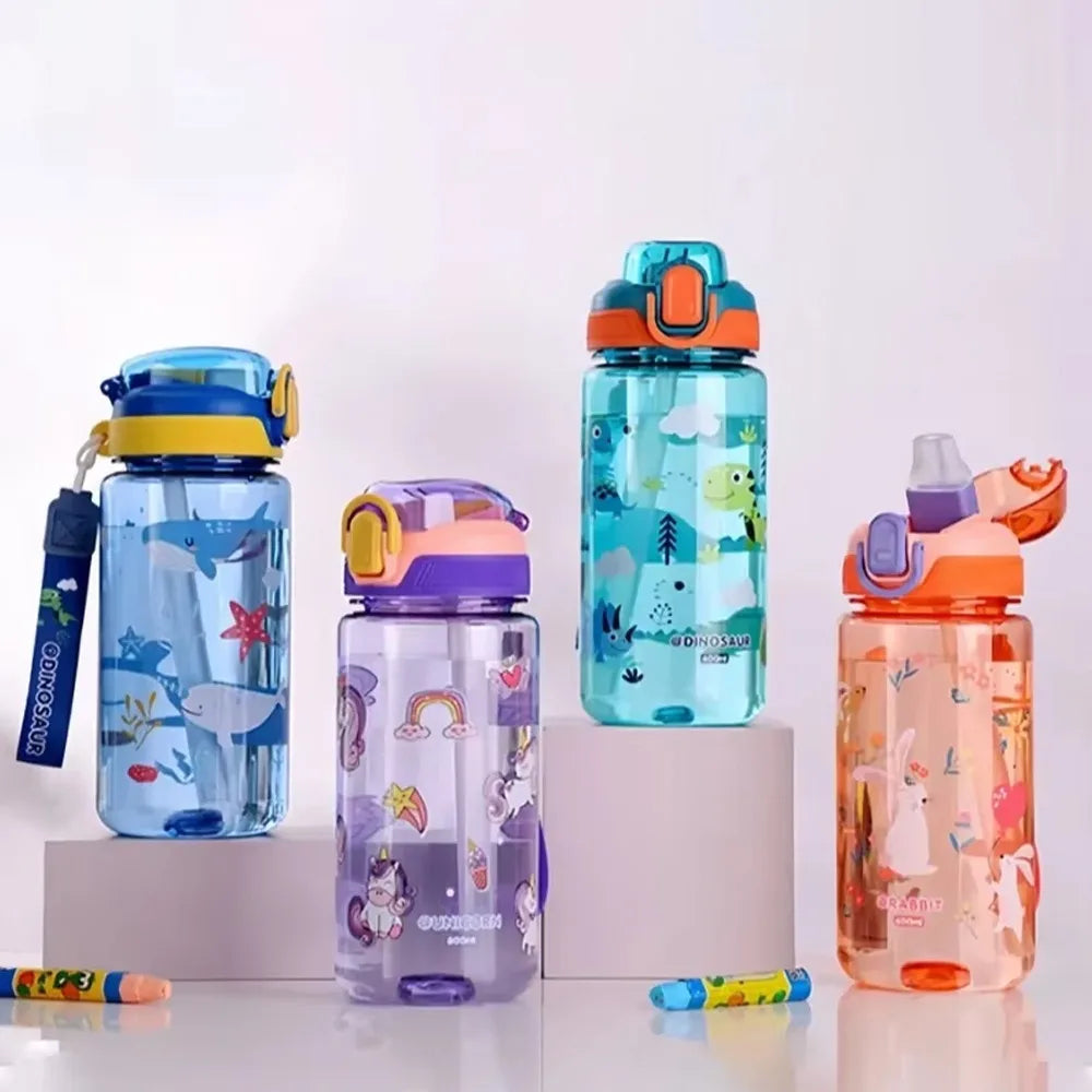 600ml/20oz Children's Water Cup Silicone Spout Tritan Material Leak-proof Plastic Water Bottle Summer Water Bottle with Straw