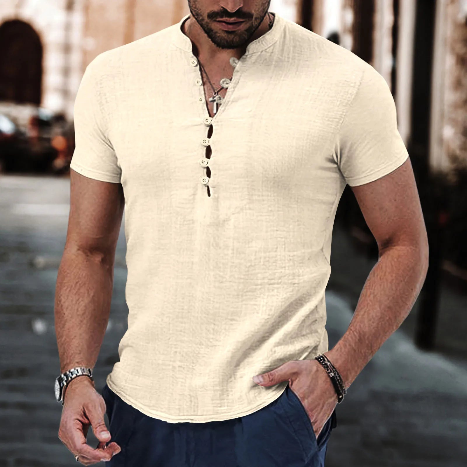 Men's New Vintage Cotton Linen Henley Shirt Short Sleeve Fashion Casual Breathable Solid Color Summer Daily Tops