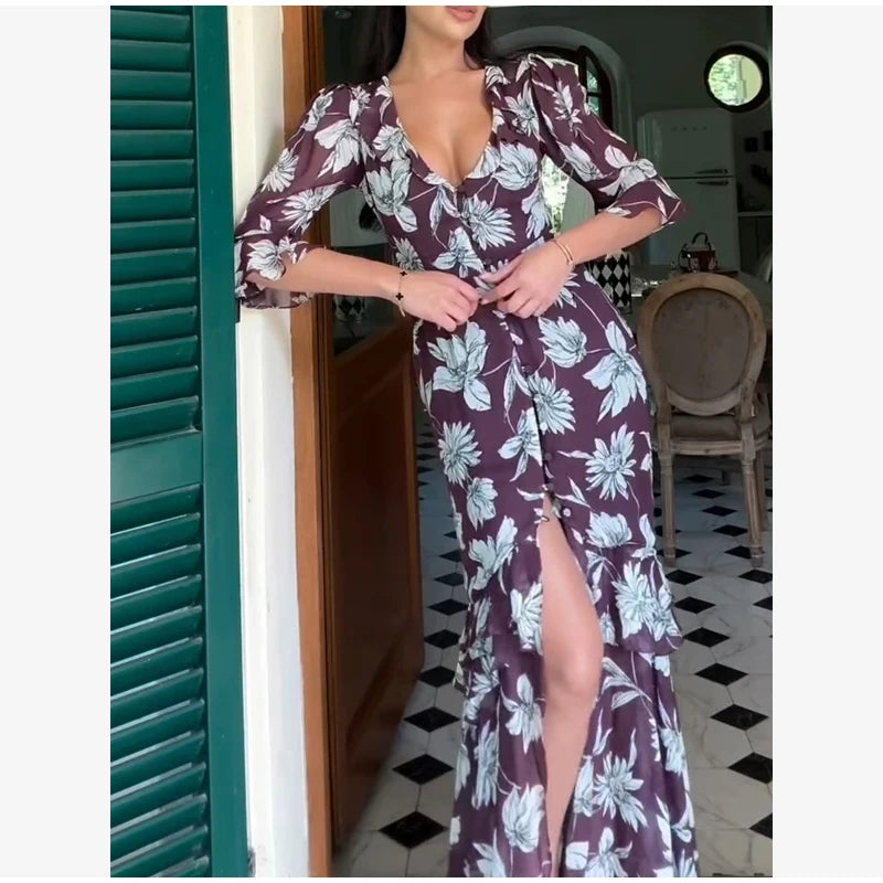 Fashion Organza Floral Printed Maxi Dress V-Neck Puff Sleeve 2026 Spring/Summer Romantic Women Party Gown Elegant Lady Vestido