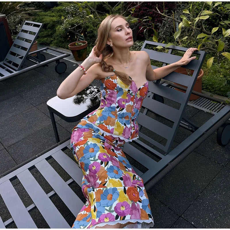Tropical Floral Print Strapless Corset Top & Mermaid Midi Skirt 2-Piece Set 2026 Summer Chic Bold Women Vacation Date Vestido
