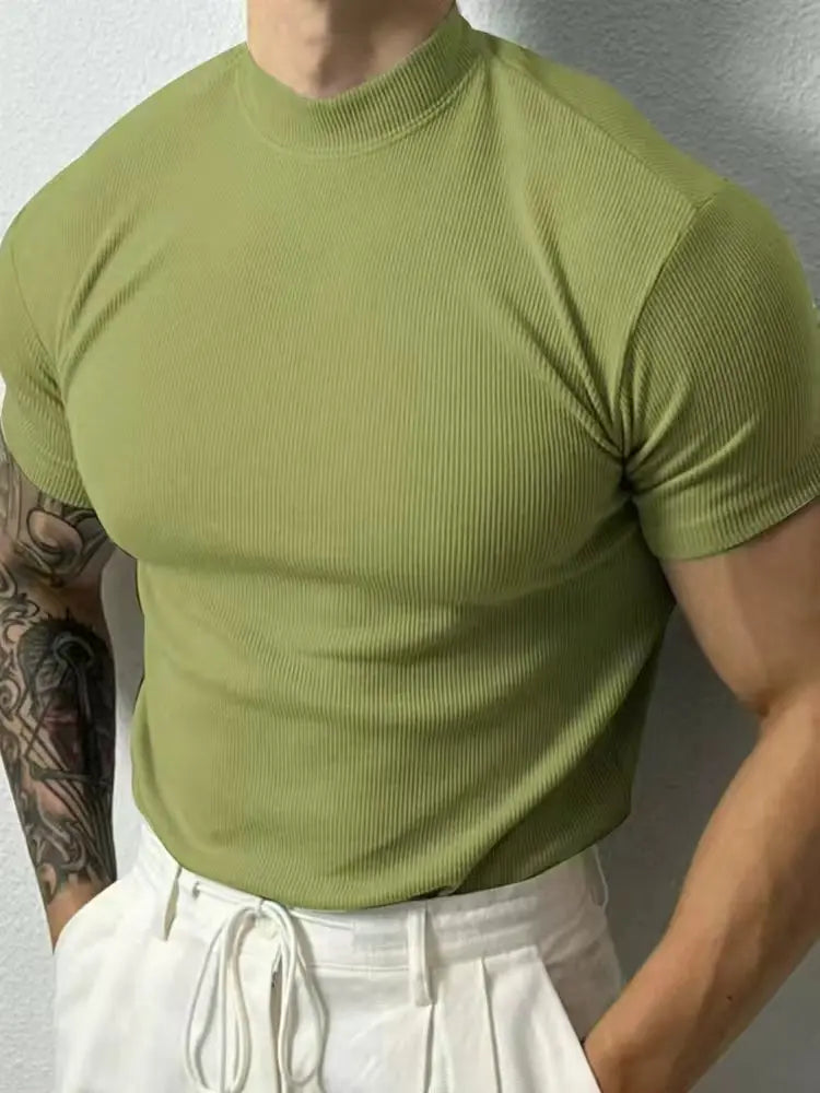2026 New fashion Men's T-shirt Small high collar stripe shirt short sleeve fitness top leisure sport T-shirt Men sportswear