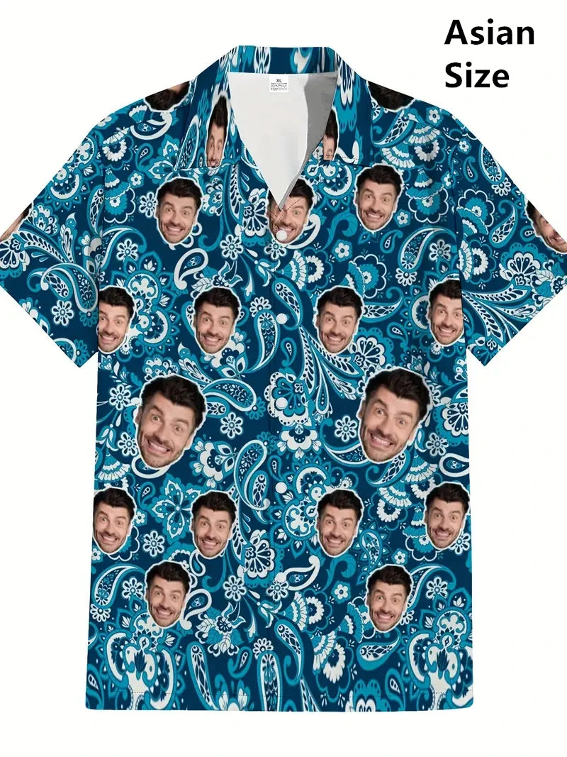 Face Photo Beer Shirts For Men Clothing Custom 3D Print Hawaii Beach Shirt Y2k Top 90s Vintage Clothes Lapel Short Sleeve Blouse
