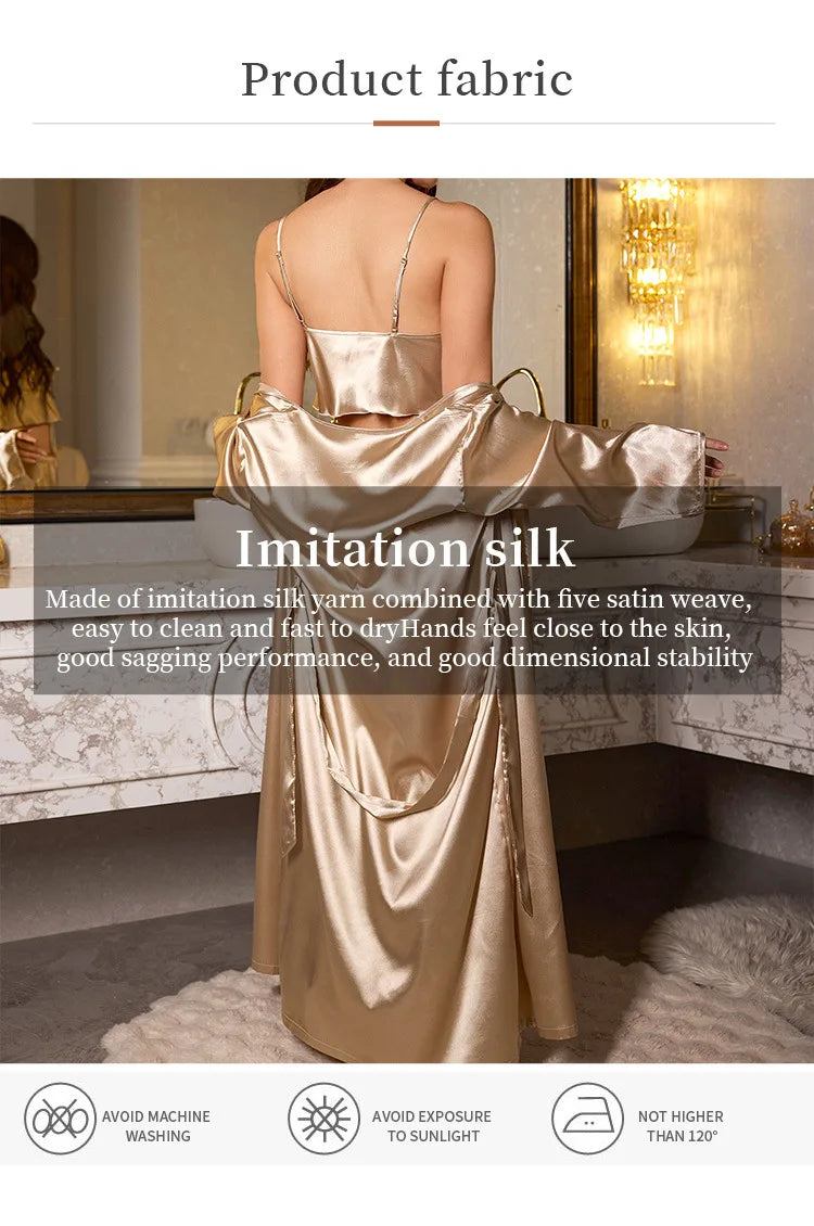 3PCS Sexy Women Pajamas Ladies Nightgowns Satin Robes Nightdress Sling and Short Women Robe