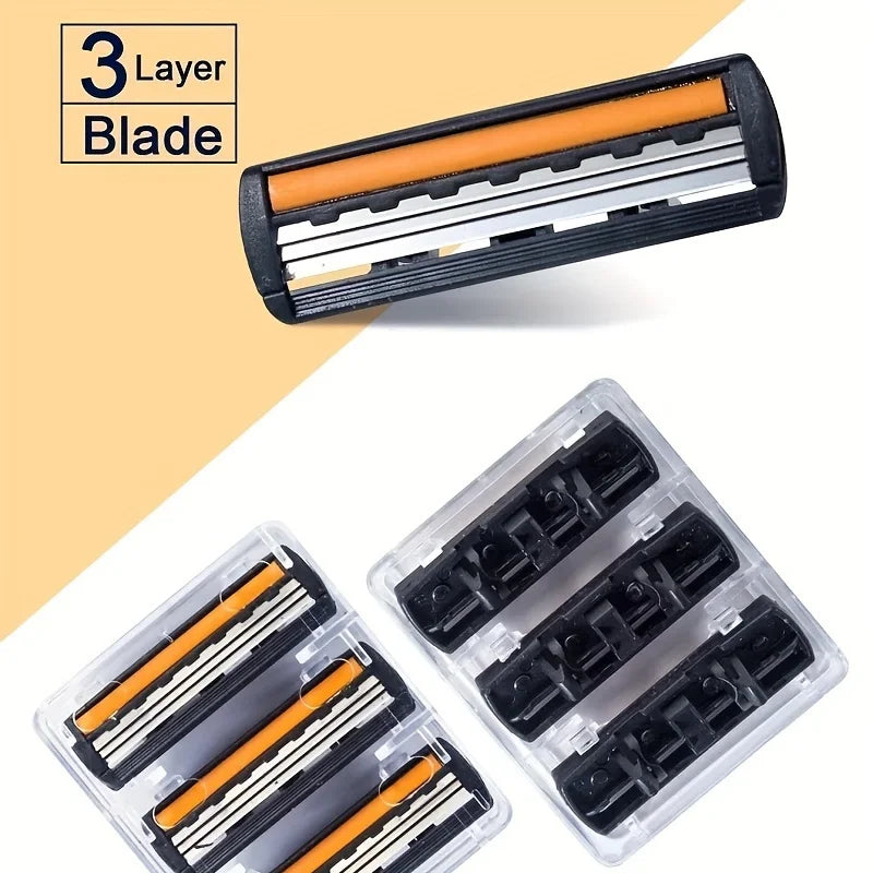 Men's 3-Blade Manual Razor with Non-Slip Handle and Multiple Replacement Blades - Ideal for Trimming Beards and Mustaches