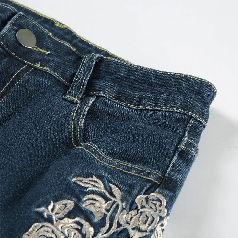 Retro Y2k Jeans Baggy Floral Embroidery Jeans Women Vintage 2000s Low Rise Flared Denim Pants High Street Basic Trousers