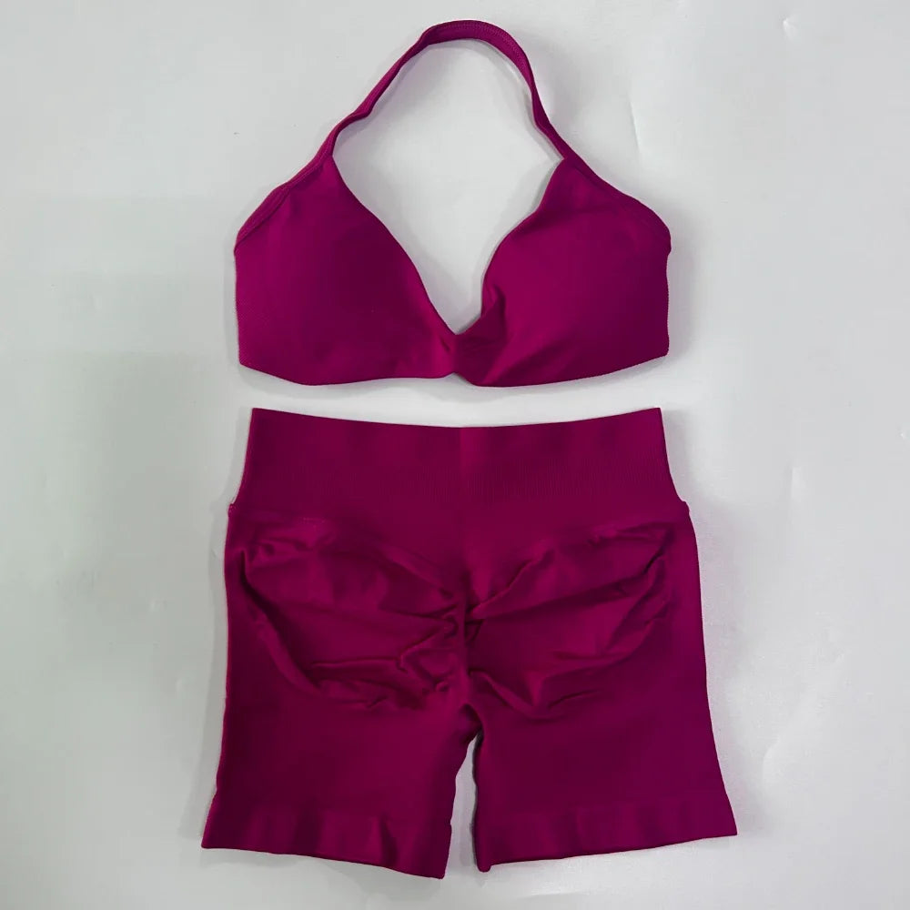 NO LOGO 2PCS Gym Set Women Strappy Yoga Bra Top High Waist Workout Scrunch Shorts Sports Suit Seamless Yoga Set Fitness Clothes