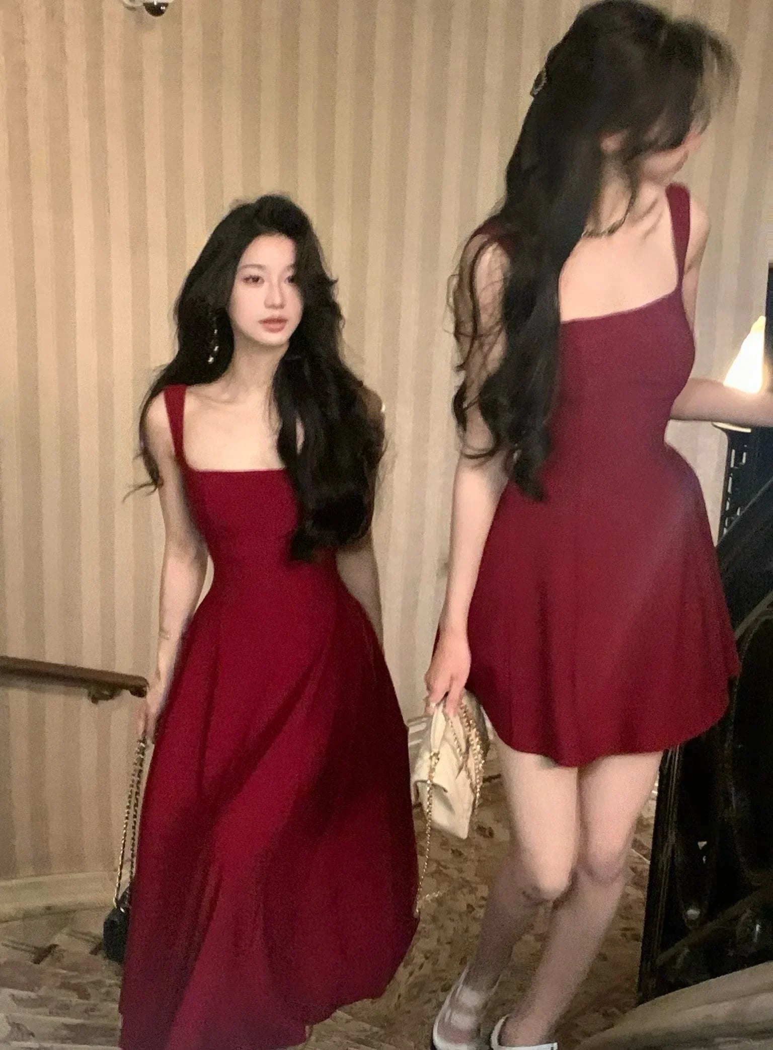 Elegant Korean Fashion Summer Evening Party Red U-neck Sling Dress Lady Casual High Waist Sleeveless Strap Mini Dress for Women