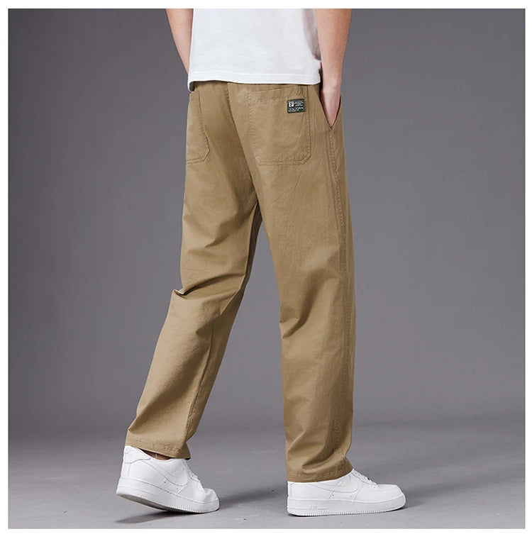Big Size Casual Pants Men Elastic Waist Straight Leg Fit Summer Trousers Male Loose Cotton Work Wear Plus Large 6XL Khaki Light