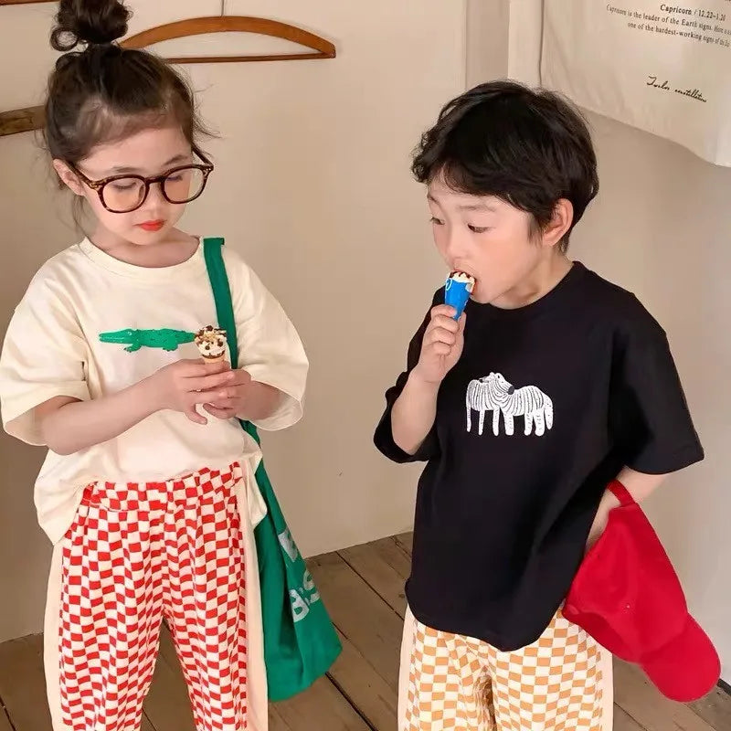 Summer Kids Cartoon Print Short Sleeve TShirt Boys And Girls Casual Fashion Cute Round Neck Tops Toddler Simple Versatile Tees