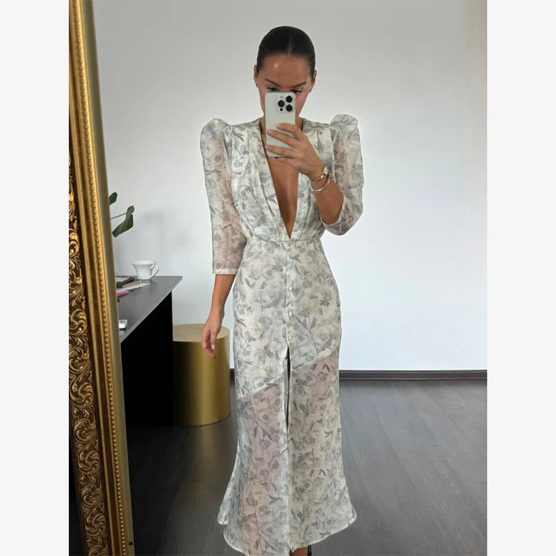 Fashion Organza Floral Printed Maxi Dress V-Neck Puff Sleeve 2026 Spring/Summer Romantic Women Party Gown Elegant Lady Vestido