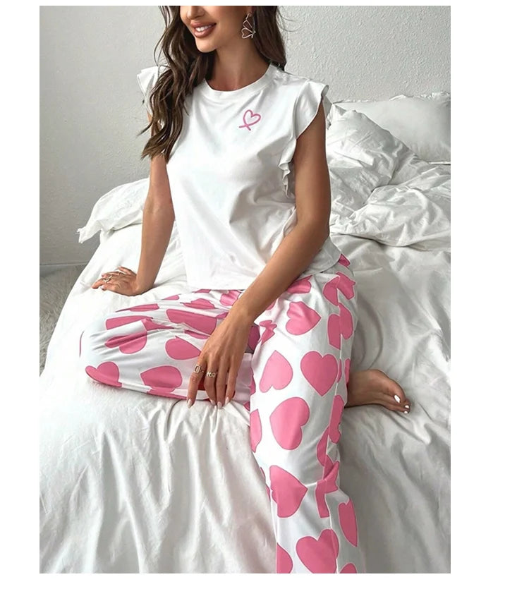 Heart & Letter Printed Womens Pajama Pj Set Soft Short Sleeve Tops & Elastic Waist Pants Pyjama Pijama Femme Casual Home Clothes