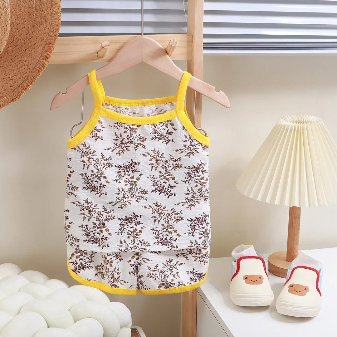 Summer Children Sling Shorts Set Fashion Flower Girls Kids Thin Breathable Pajamas Cute Cartoon Baby Toddler Home Clothes