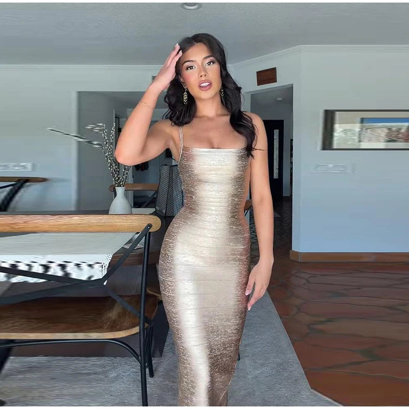 Metallic Shimmer Spaghetti Strap Sweetheart Neck Maxi Dress Bodycon Bandage For Women Night Out Party And Evening Wear