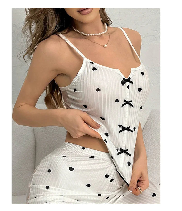 Women's Sleepwear & Loungewear Heart Print Contrast Lace Pajamas Pj Set Summer Sleevelss Cami Top & Elastic Pants Pyjama 2 Piece