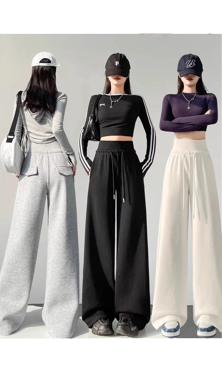 Women's gray sports high waist hanging loose slimming straight leg wide leg pants American sweatpants.