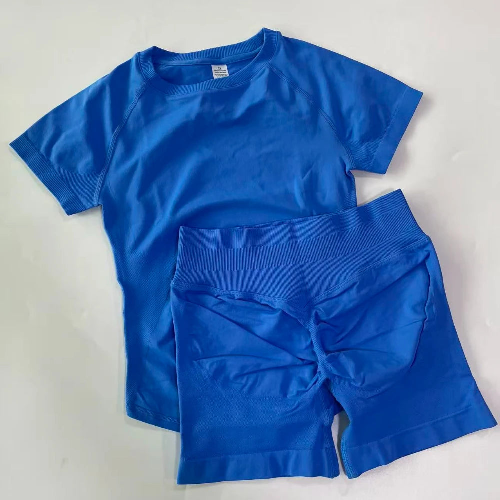 2 Piece Sets Women Outfit Longline Short Sleeve Gym Crop Top High Waist Workout Shorts Sports Suit Fitness Clothes Yoga Set