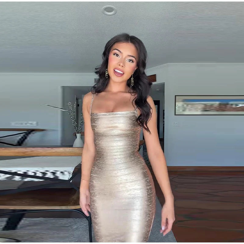 Metallic Shimmer Spaghetti Strap Sweetheart Neck Maxi Dress Bodycon Bandage For Women Night Out Party And Evening Wear