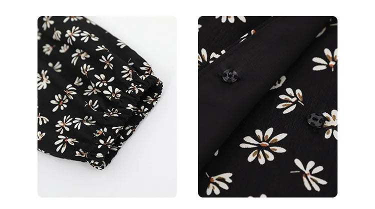 CHIC VEN New Women Dresses Long Sleeved Retro V-neck Black Floral Female Dress Elastic Waisted Lace Up Spring Summer 2026