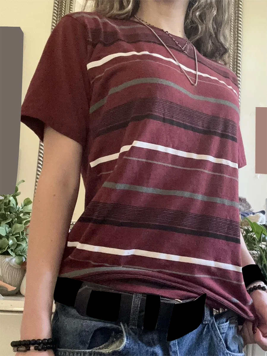 Womens Y2k Grunge Shirts Striped Baggy Crew Neck Short Sleeves Emo Tops 2000s Harajuku Vintage Teen Girls Goth Clothes