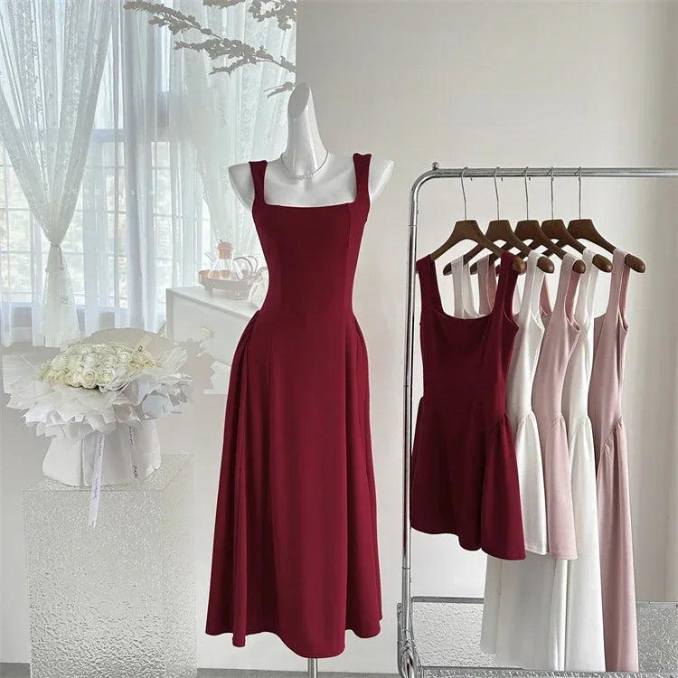 Elegant Korean Fashion Summer Evening Party Red U-neck Sling Dress Lady Casual High Waist Sleeveless Strap Mini Dress for Women