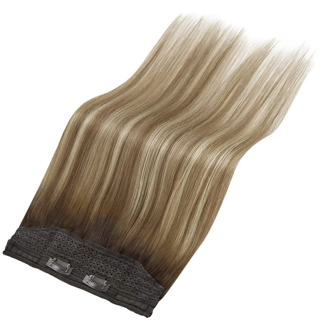 VeSunny Fish Line Human Hair Extension Wire Natural Hair One Piece Invisible Wire Hair Weft with 2 Clips Blonde Soft Remy Hair