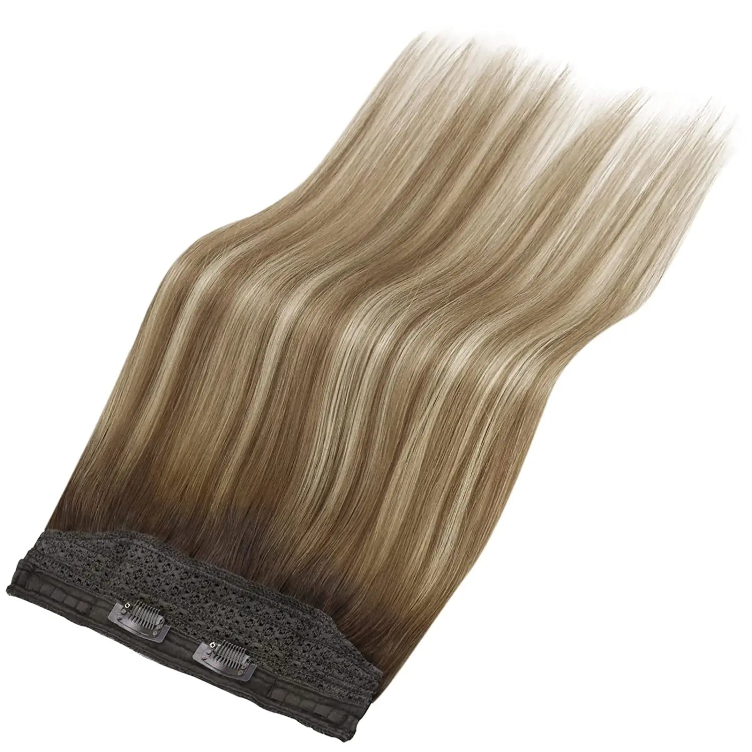 VeSunny Fish Line Human Hair Extension Wire Natural Hair One Piece Invisible Wire Hair Weft with 2 Clips Blonde Soft Remy Hair