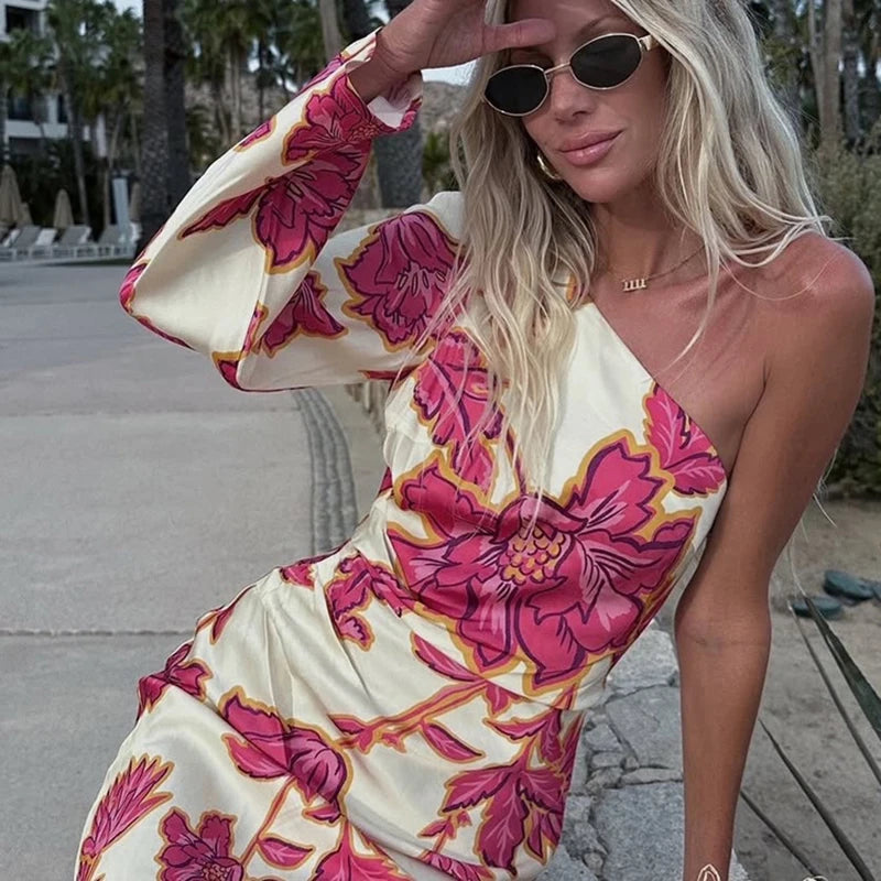 Fashion Satin Printing Sloping Shoulders Dresses Spring Women Single Shoulder Sleeves Dress Autumn High Waist Hip Hugging Dress