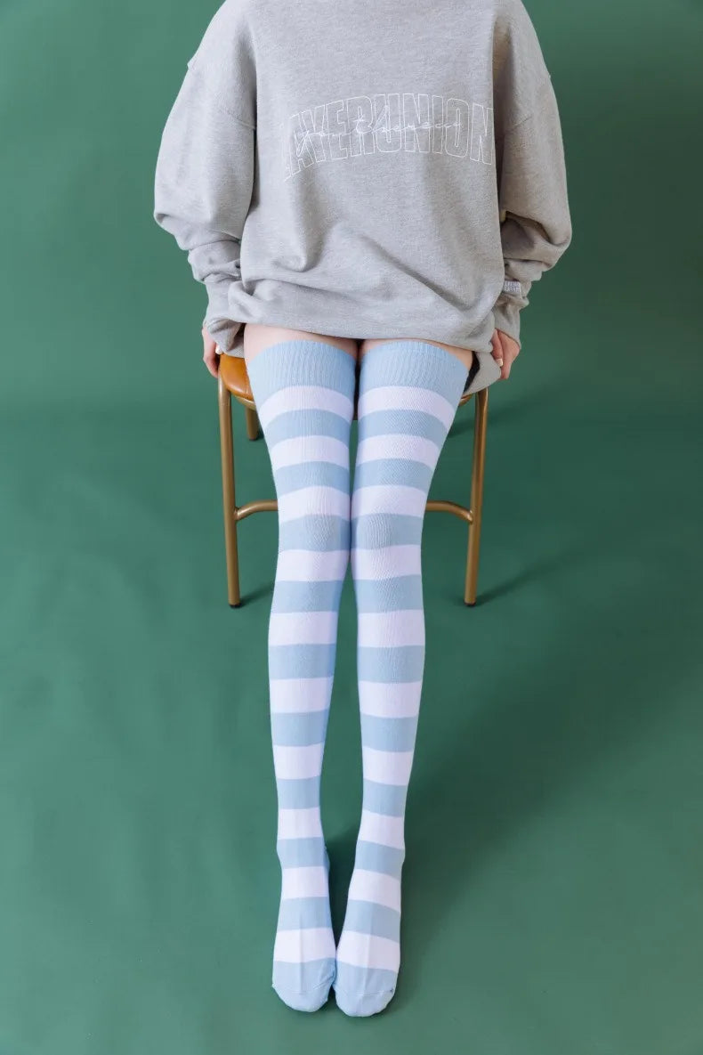 2 Pairs Women's Over The Knee Socks Cotton Thigh High Socks Black White Blue Colorful Striped Pattern Fashion Casual Daily Wear
