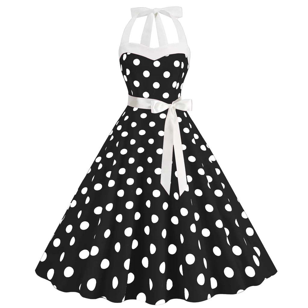 Elegant Women Pink Polka Dot Dress Summer Robe Hepburn 1950s 60s Vintage Sexy Halter Rockabilly Retro Party Dresses 2026 Vestido