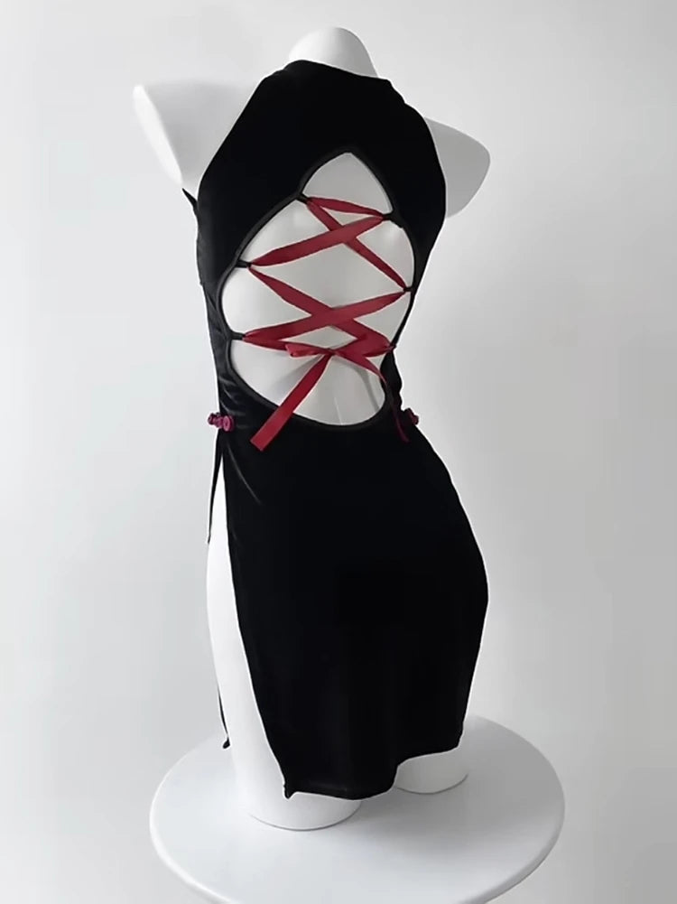 New Year Bar DS Performance Costume Sexy Gogo Leader Outfit Retro Red Black Splittytying Flag Robe Women's Stage Costume