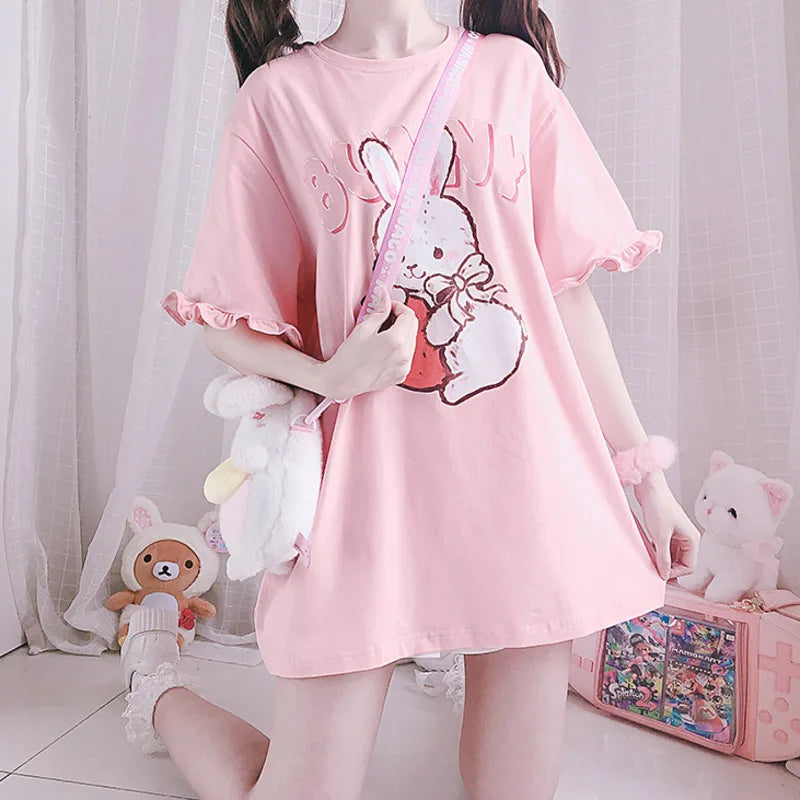 Summer Women Cute Lolita Pink T-Shirts Cartoon Strawberry Rabbit Print Tshirt Ruffles Short Sleeve Tops JK Girls Kawaii Tee Top