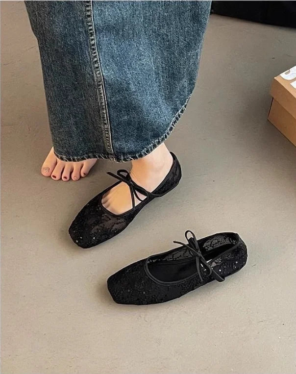 2026 Women's Lace Mesh Mary Jane Shoes Fashion Square Toe Bowknot Flats Soft Sole Comfortable Slip-On Retro Elegant Date Shoes