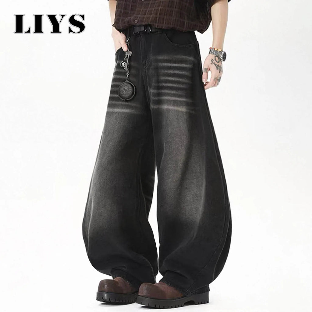 Men's American Retro Black Baggy Machete Wide Leg Jeans Four Seasons Personalized Embroidery Design Unisex Denim Pants Clothes
