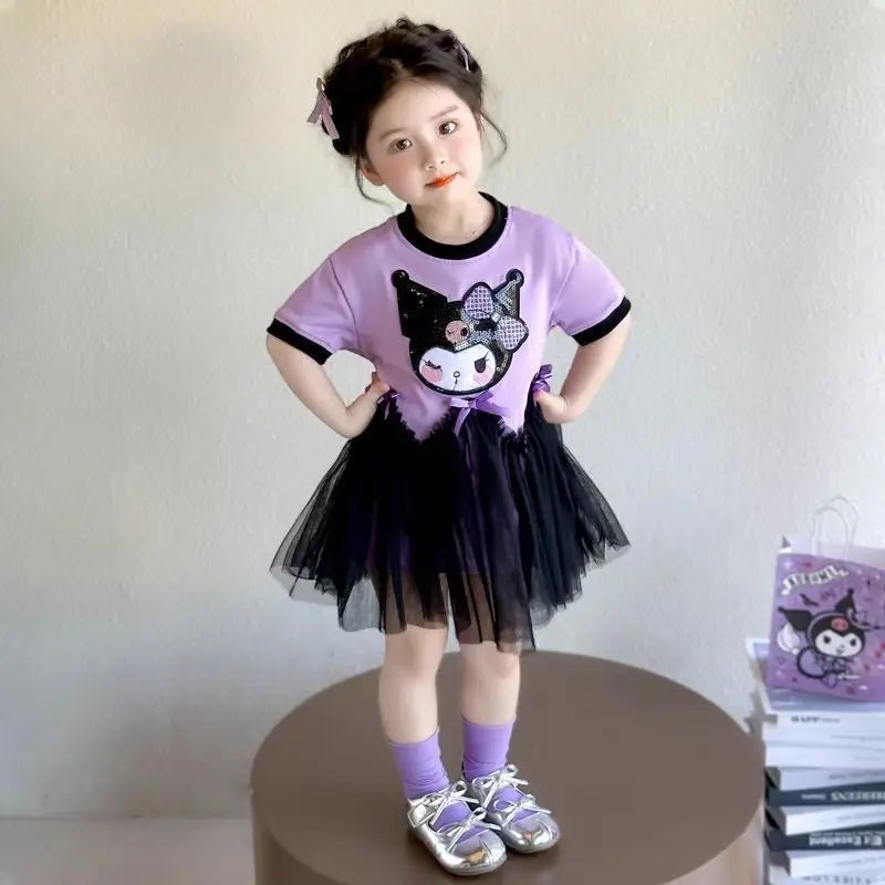 kuromi Princess Style Short Sleeve Dress for Girls Baby Mesh Skirt Summer New Arrival Children's Clothing Casual Daily Skirt