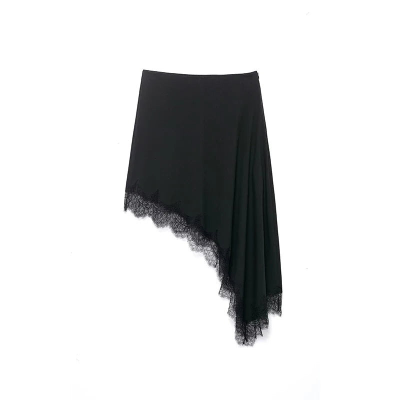 Willshela Women Fashion Solid Lace Hem Asymmetrical Mini Skirt Vintage High Elastic Waist Female Chic Lady Skirts