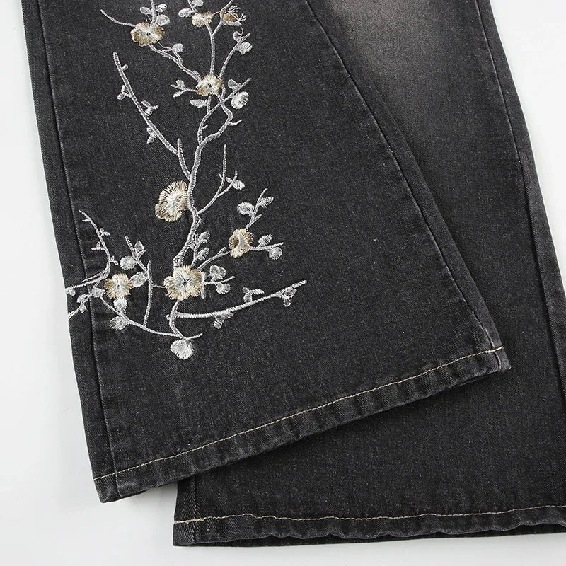 Weekeep Floral Embroidery Jeans Vintage 2000s Low Rise Flared Jeans Women Retro y2k Baggy Denim Pants High Street Basic Trousers