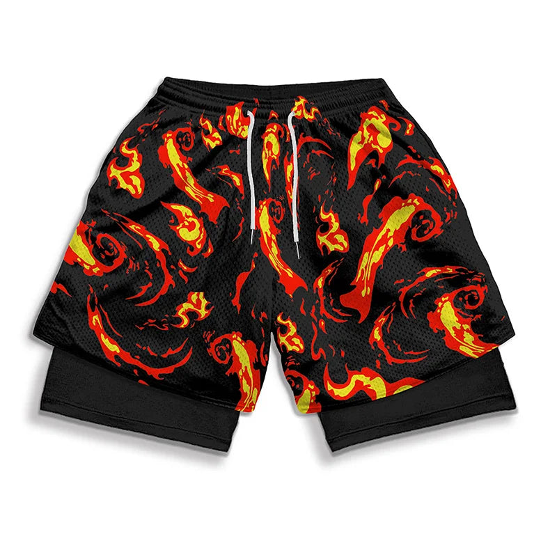 2 in 1 Athletic Gym Shorts for Men Stylish 3D Print Shorts with Pockets Quick Dry Stretchy Summer Sports Fitness Running Jogging