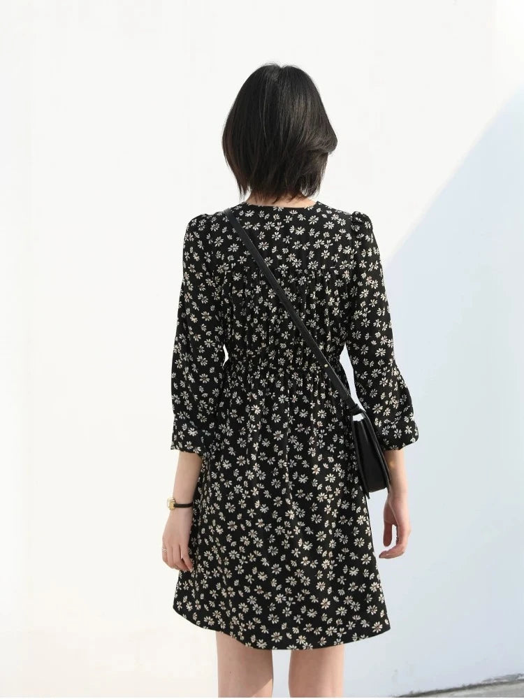 CHIC VEN New Women Dresses Long Sleeved Retro V-neck Black Floral Female Dress Elastic Waisted Lace Up Spring Summer 2026